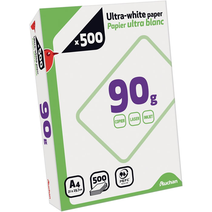 AUCHAN Ramette de papier A4 21 x 29,7 cm blanc 90 g (500 feuilles)