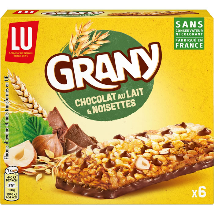 GRANY – Barres céréalières au chocolat au lait et noisettes 6x23g