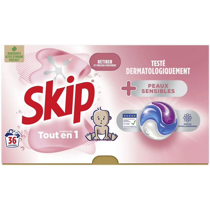 SKIP Lessive capsules tout en 1 peaux sensibles Moyen Format 36 lavages