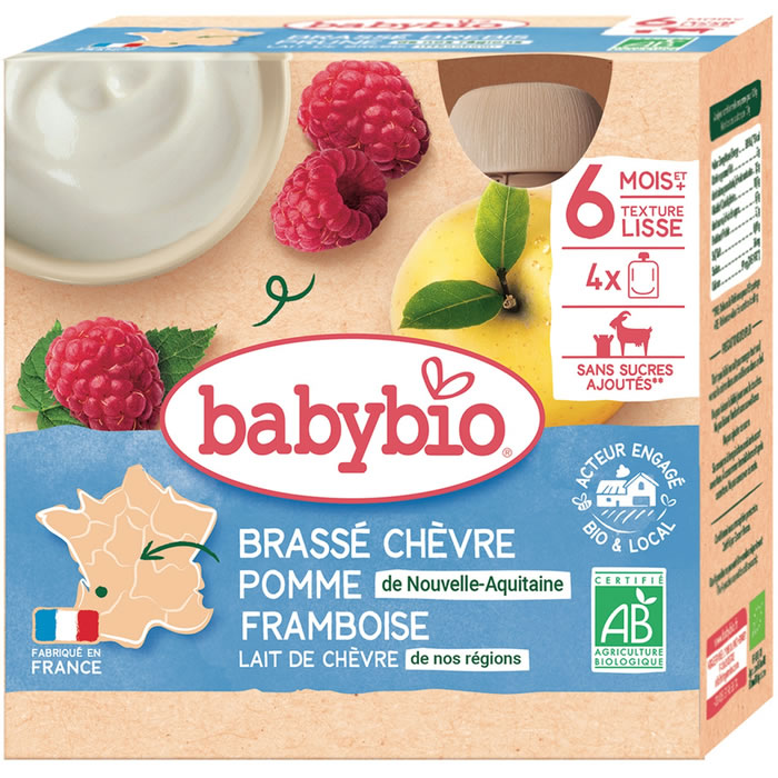 BABYBIO – Brassé chèvre pomme d’Aquitaine et framboise 4 x 85 g