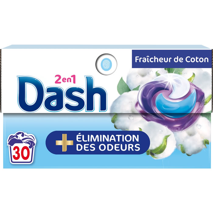 DASH Lessive capsules 2 en 1 fraîcheur de coton 30 capsules