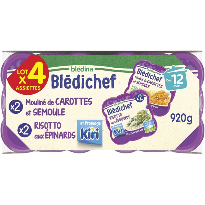 BLEDINA Blédichef – Moulinés carotte-semoule & risotto épinards Kiri 4×230 g