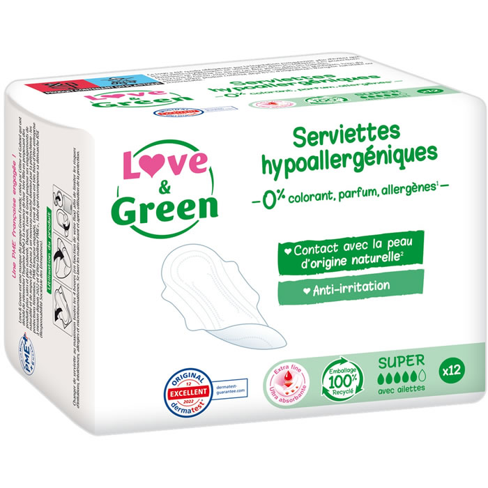 LOVE & GREEN Serviettes hygiéniques avec ailettes hypoallergénique super x12