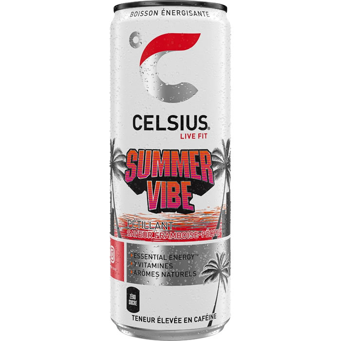 CELSIUS Summer Vibe – Boisson énergisante gazeuse à la framboise et pêche 35,5 cl