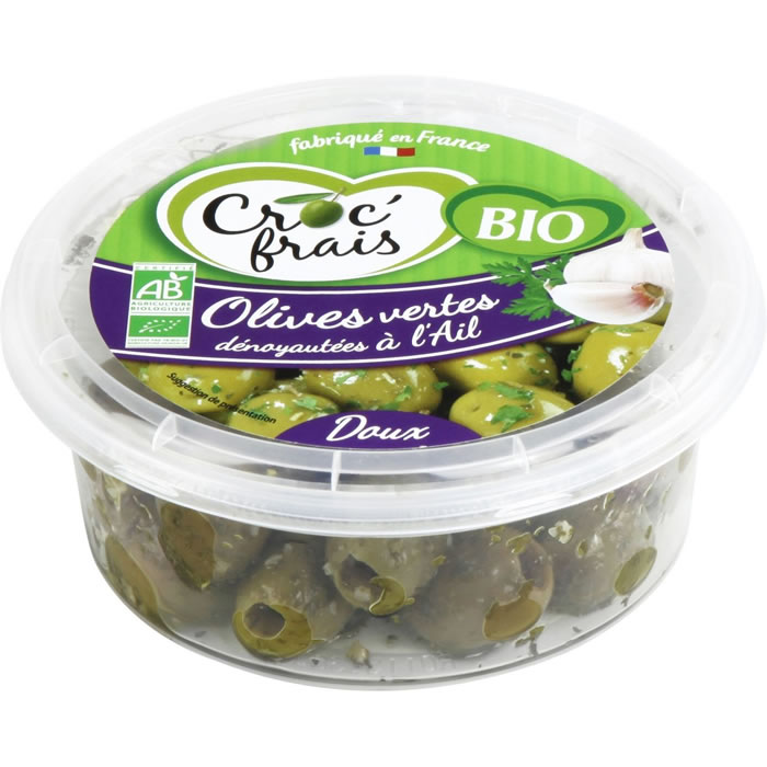 CROC’ FRAIS – Olives vertes dénoyautées à l’ail bio – 120 g