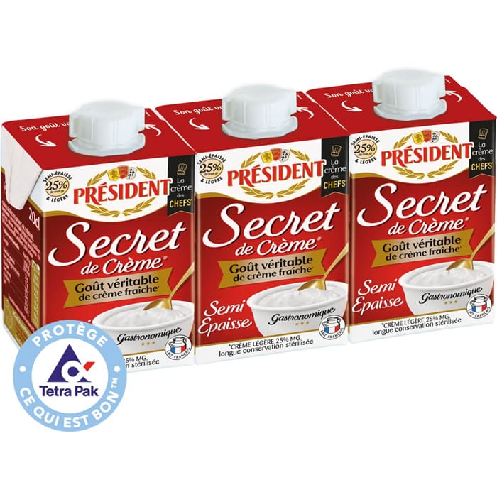 PRESIDENT – Crème semi-épaisse légère 25% M.G – 3 x 20cl
